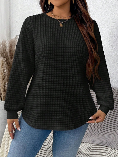 Waffle Round Neck Long Sleeve Sweatshirts&Hoodies