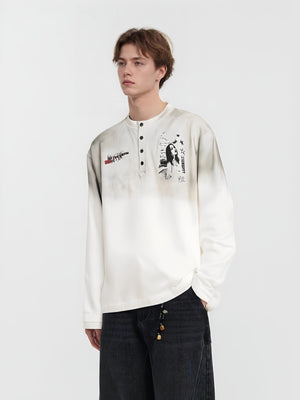 Retro European And American Portrait Prints Distressed Henry Collar Fake Two Pieces Long-sleeved T-shirt