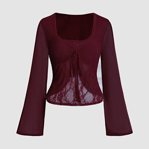 Lace-trimmed Bow-tie Bell-sleeve T-shirt