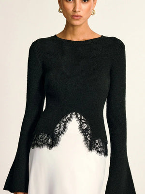 Simple And Modern Lace-trimmed Fitted Long-sleeved Top