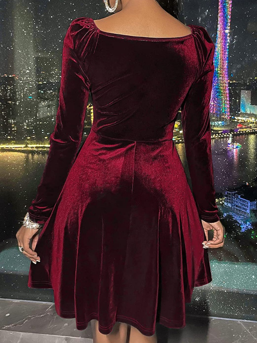 Long-sleeved Silver Fox Velvet V-neck Short Dress