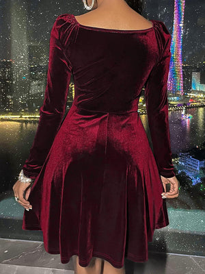 Long-sleeved Silver Fox Velvet V-neck Short Dress