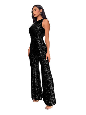 Sleeveless Sequins Slim Fit Crew Neck Wide Leg Jumpsuits