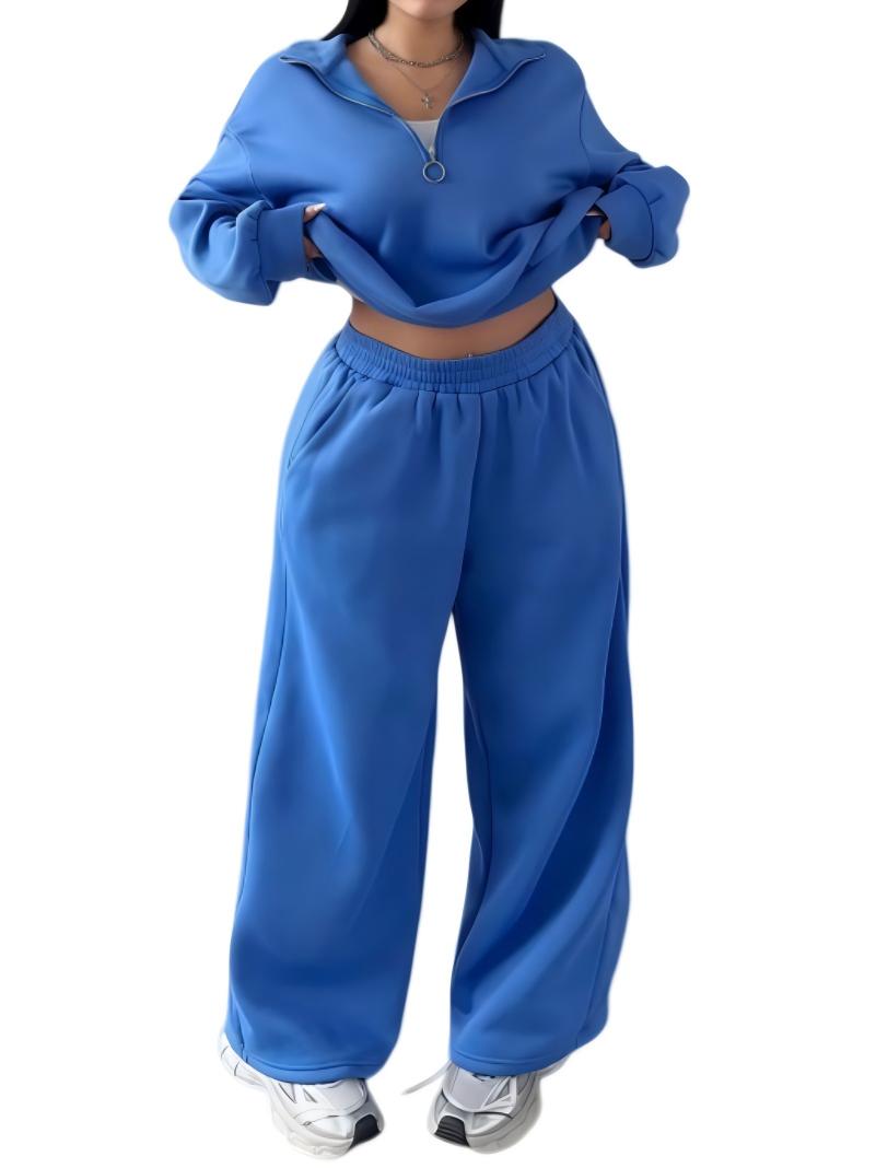 Half-open Pullover Sweatshirt And Trousers Two-piece Set