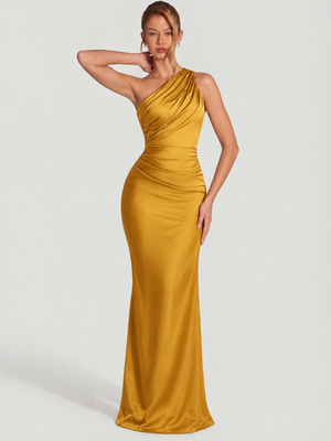 Asymmetrical Shoulder Pleated Satin Solid Color Maxi Dresses