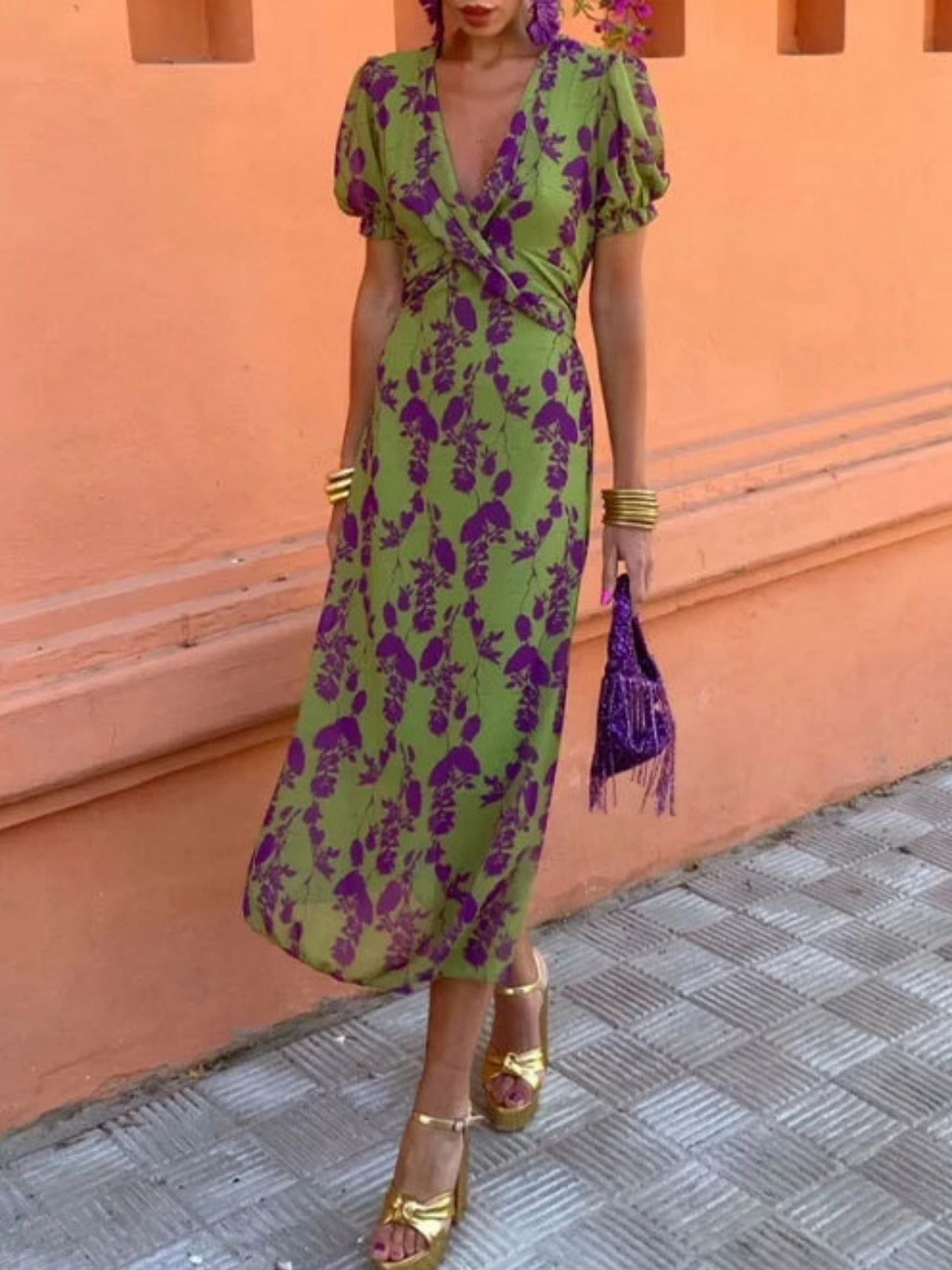 Floral Print V-neck Short Sleeve Pleated Maxi Dresses