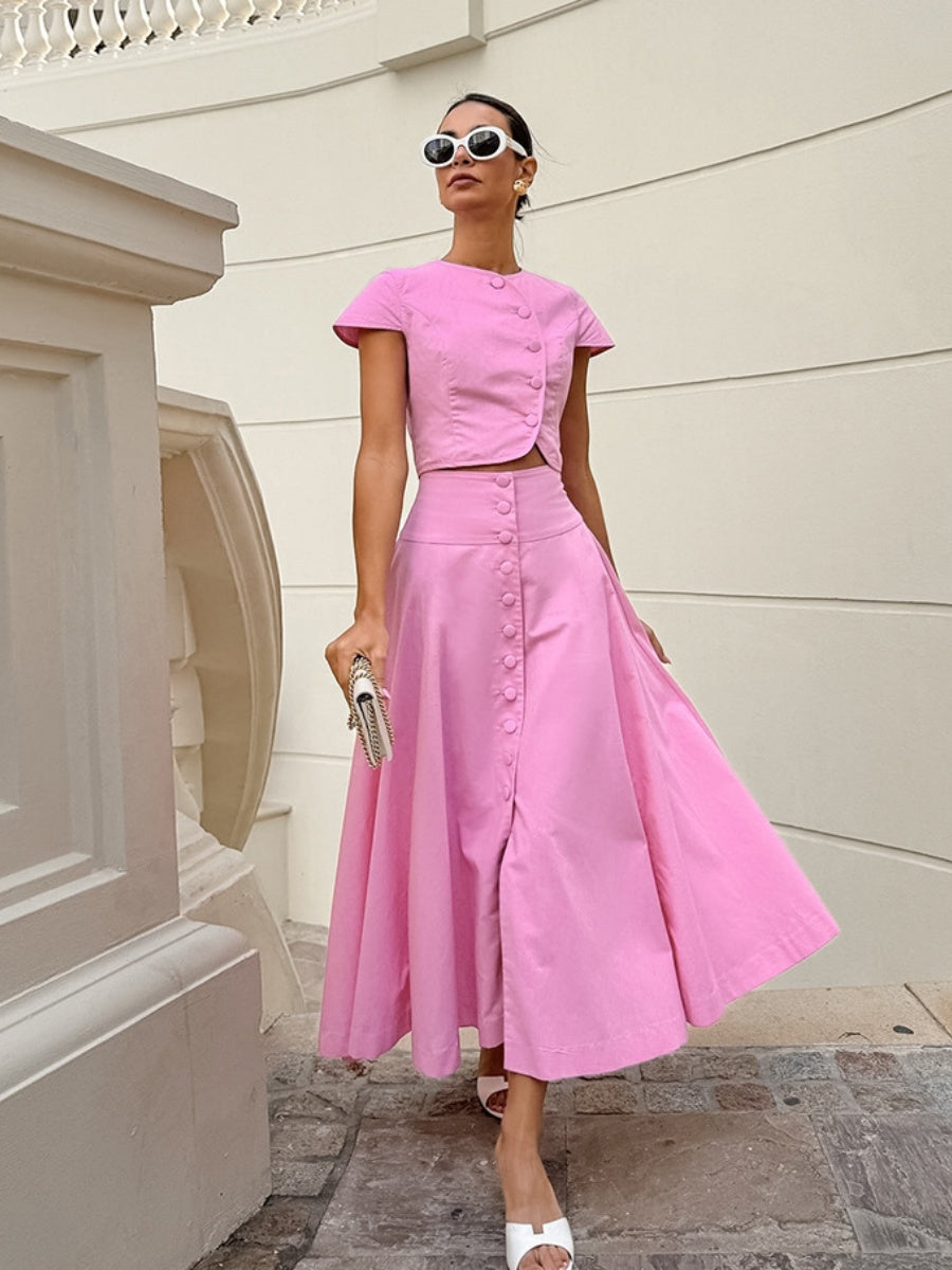 Short top A-line skirt button Umbrella skirt two-piece suit