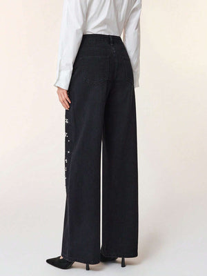 Women's Autumn/Winter Beaded High-Waisted Wide-Leg Jeans