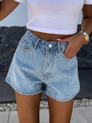 Rhinestone-studded Pocket Straight-leg Denim Shorts
