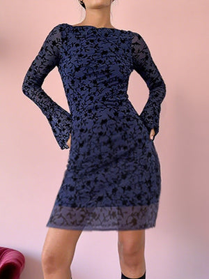 Long-sleeved Flocking Print Elastic Short Dress