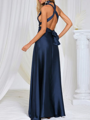 V-neck Satin Ribbon Long Skirt Parties Maxi Dresses