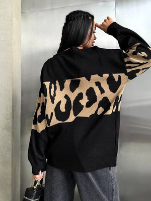 Liber Autumn women's leopard print clothing Raglan sleeve paneled pullover sweater