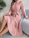 Stand Collar Long Sleeve Waist Pleats Midi Dresses