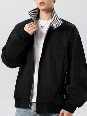 Contrasting Colors Stripes Stand Collar Tooling Loose Leisure Flight Jacket