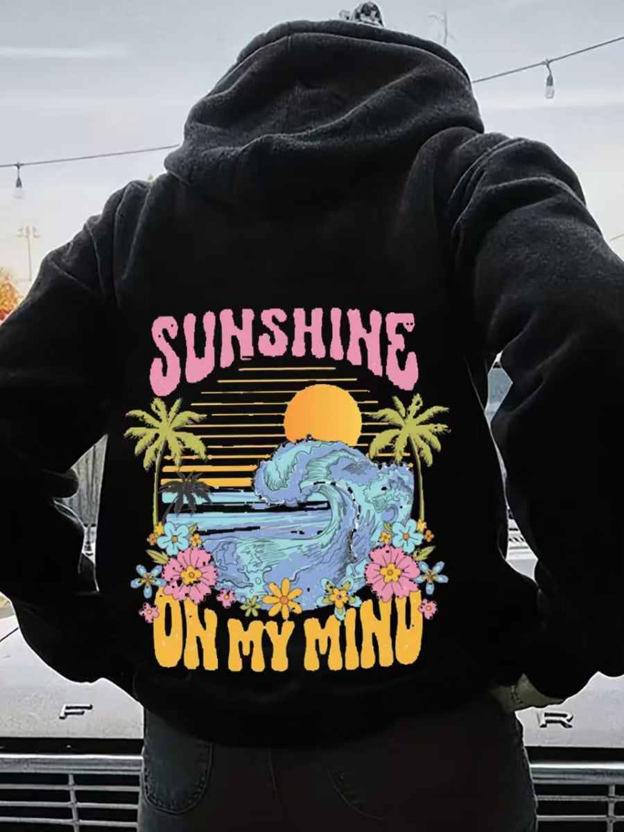 Dropped Shoulder Sleeves Fashion Sunlight Waves Printed Leisure Hoodies