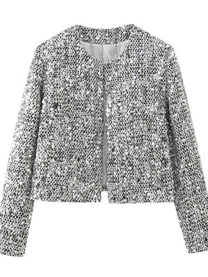 Tweed sequins Buttons Crew Neck Silver jacket