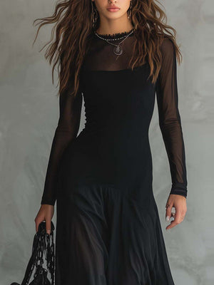 Splicing Solid Color Patchwork Long-sleeved Fishtail Maxi Dresses