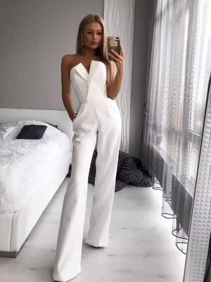 Asymmetrical Mid-waisted Elegant V-neck Strapless Jumpsuit