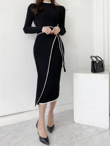 Autumn/Winter Retro Niche High-Neck Slim Fit Elegant Color Block Mid-Length Tie-Waist Knit Dress