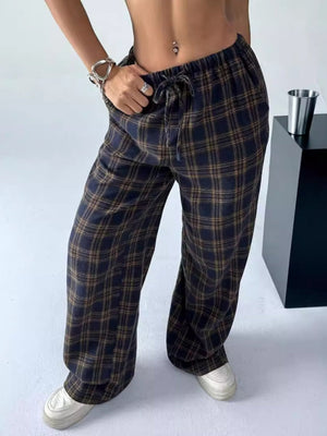 Plaid Lace-up Elastic Waist Straight-leg Pants Casual Christmas Everyday Pants