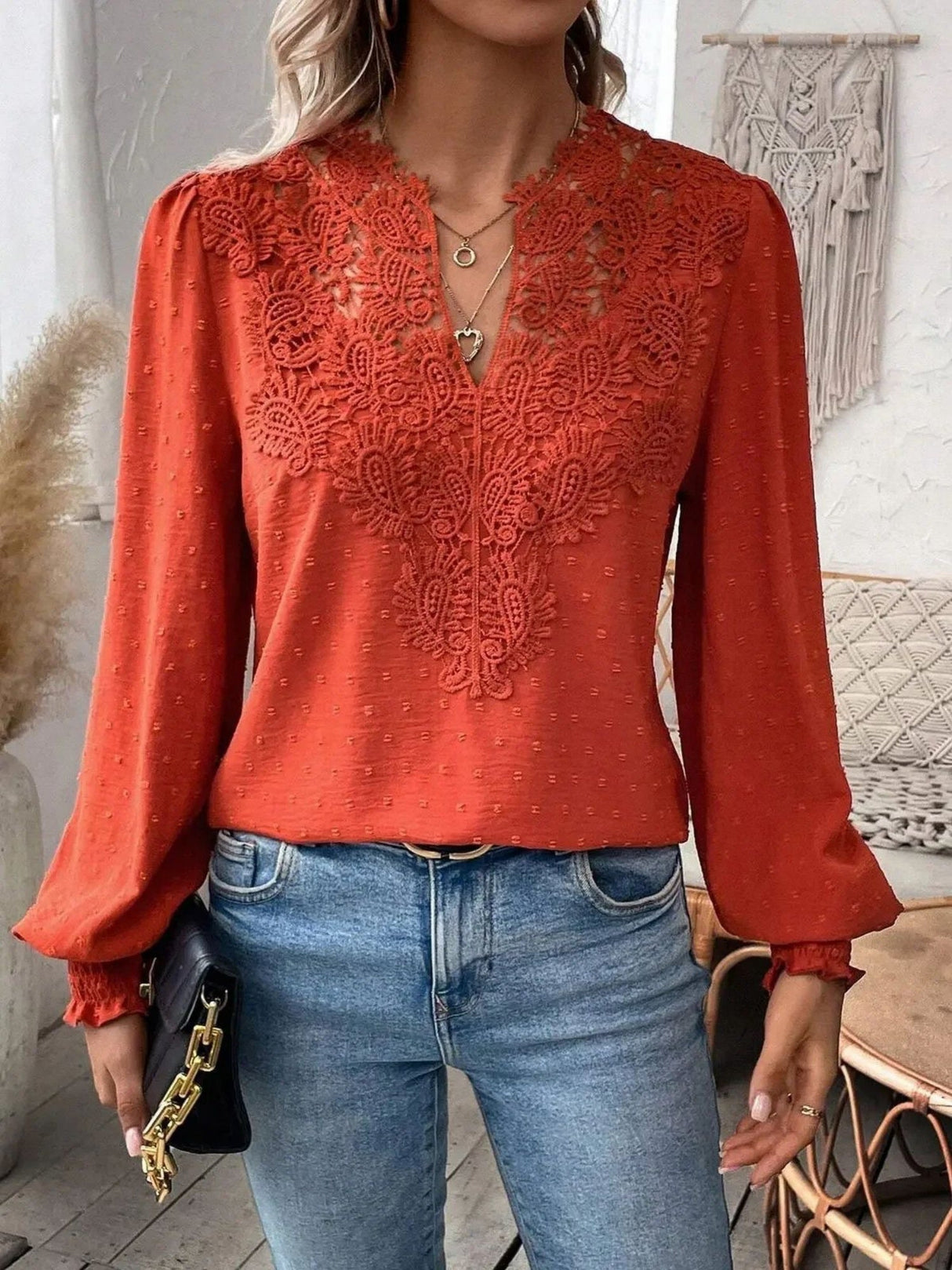 Lace Trim V-neck Long Sleeve Shirt T-shirts