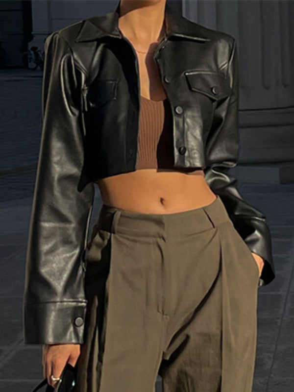 Street-style Sexy Biker Jacket With Lapel And Button-down Leather Short Jacket