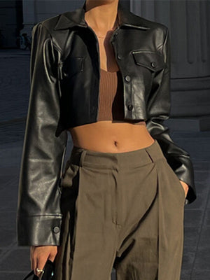 Street-style Sexy Biker Jacket With Lapel And Button-down Leather Short Jacket