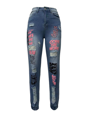 Hole Graffiti Distressed Pencil Pants Jeans
