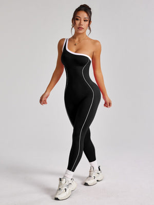 Color-blocked Stripes One Shoulder Exercise And Fitness Yoga Jumpsuits