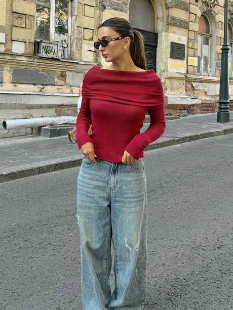 Hood Off-shoulder long sleeves Knitted sweaters