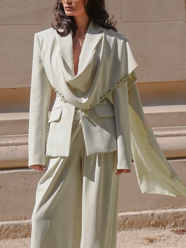 Metal Ring-trimmed Long-sleeved Shawl-style Suit Jacket