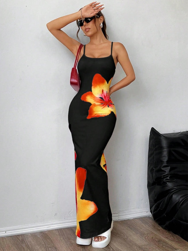 Flowers Printed Spaghetti Strap Maxi Dresses