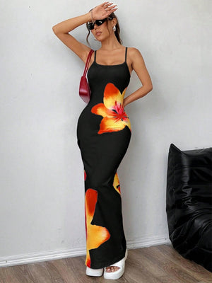 Flowers Printed Spaghetti Strap Maxi Dresses