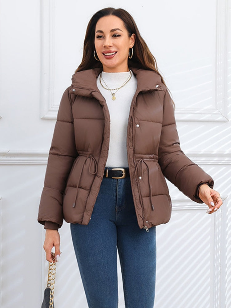 Stand Collar Waist Tie Down Padded Jacket Warm Coat