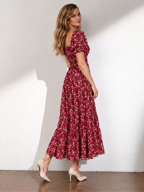 Floral Print Square Neckline And Puff Sleeves Maxi Dresses