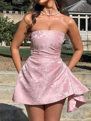 Pleating Jacquard Of Plants And Flowers Tube Top Mini&Short Dresses