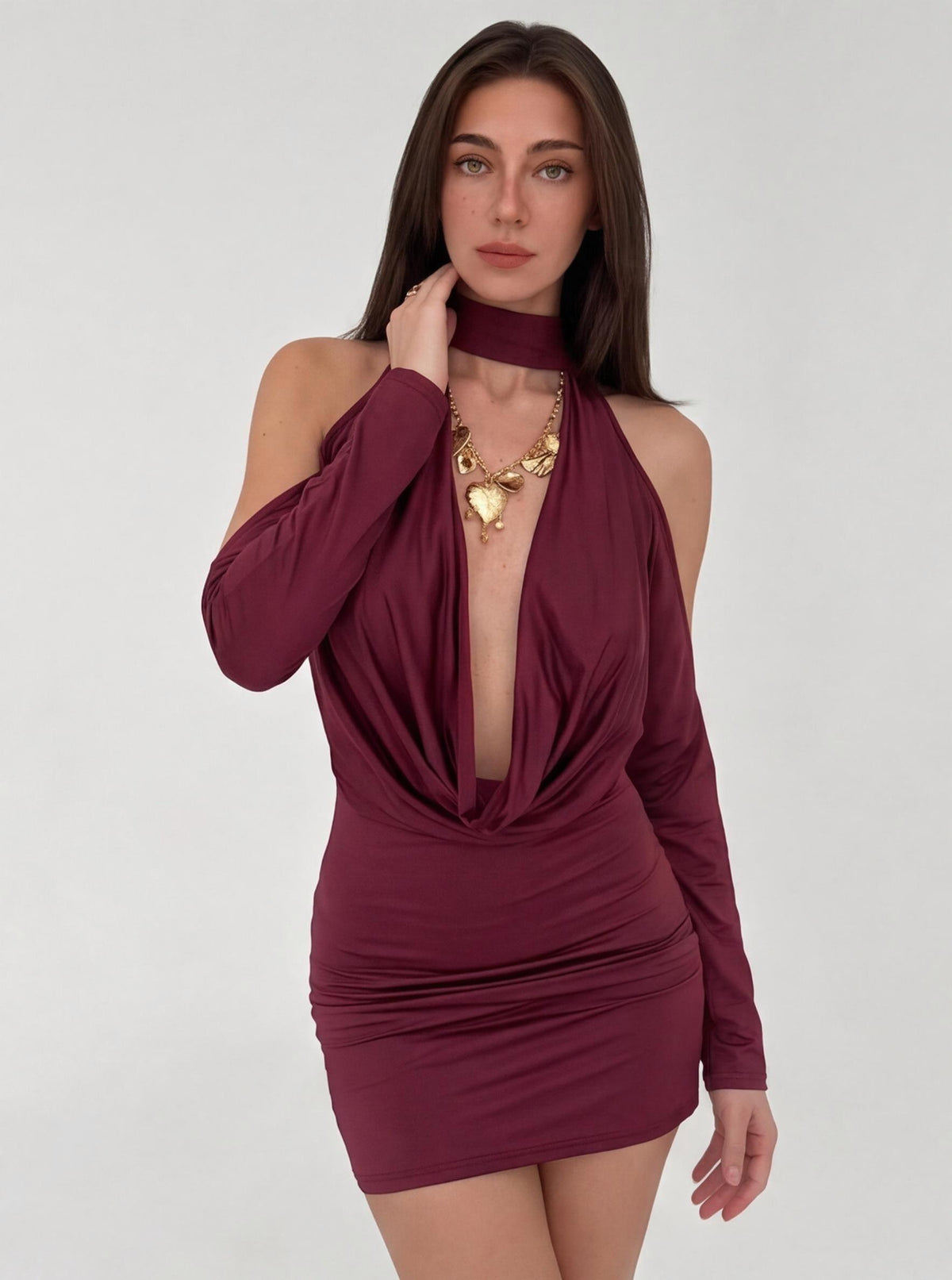 Burgundy Off-shoulder Halter Neck Long-sleeved Short Dress
