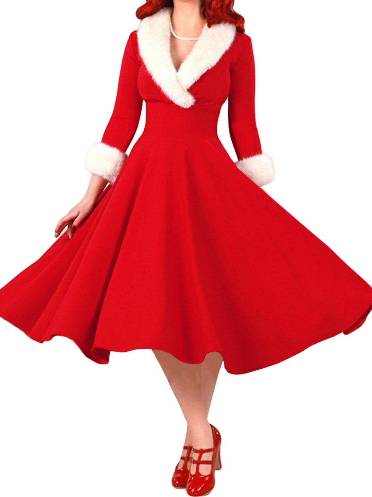 Christmas Plush Splicing Low-cut Self-cultivation Long Sleeves Midi Dresses