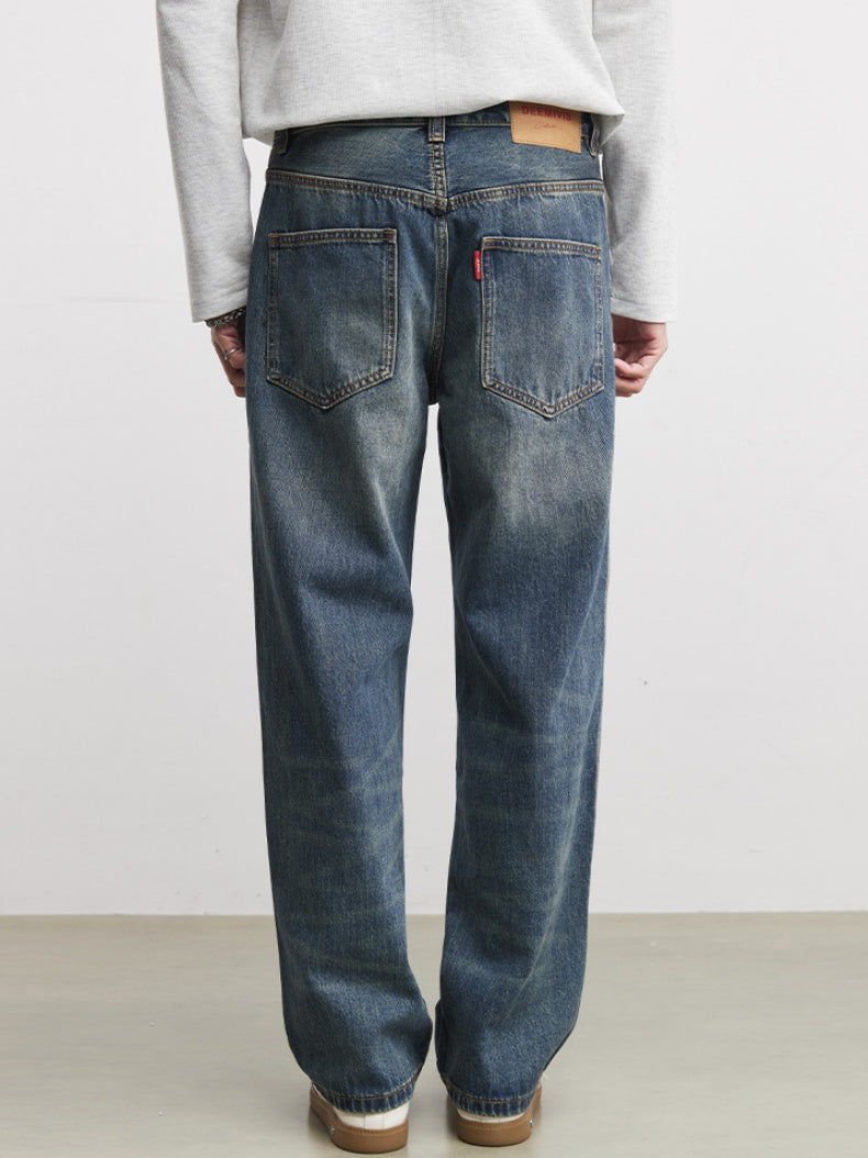 Washed Straight-fit Simple Jeans