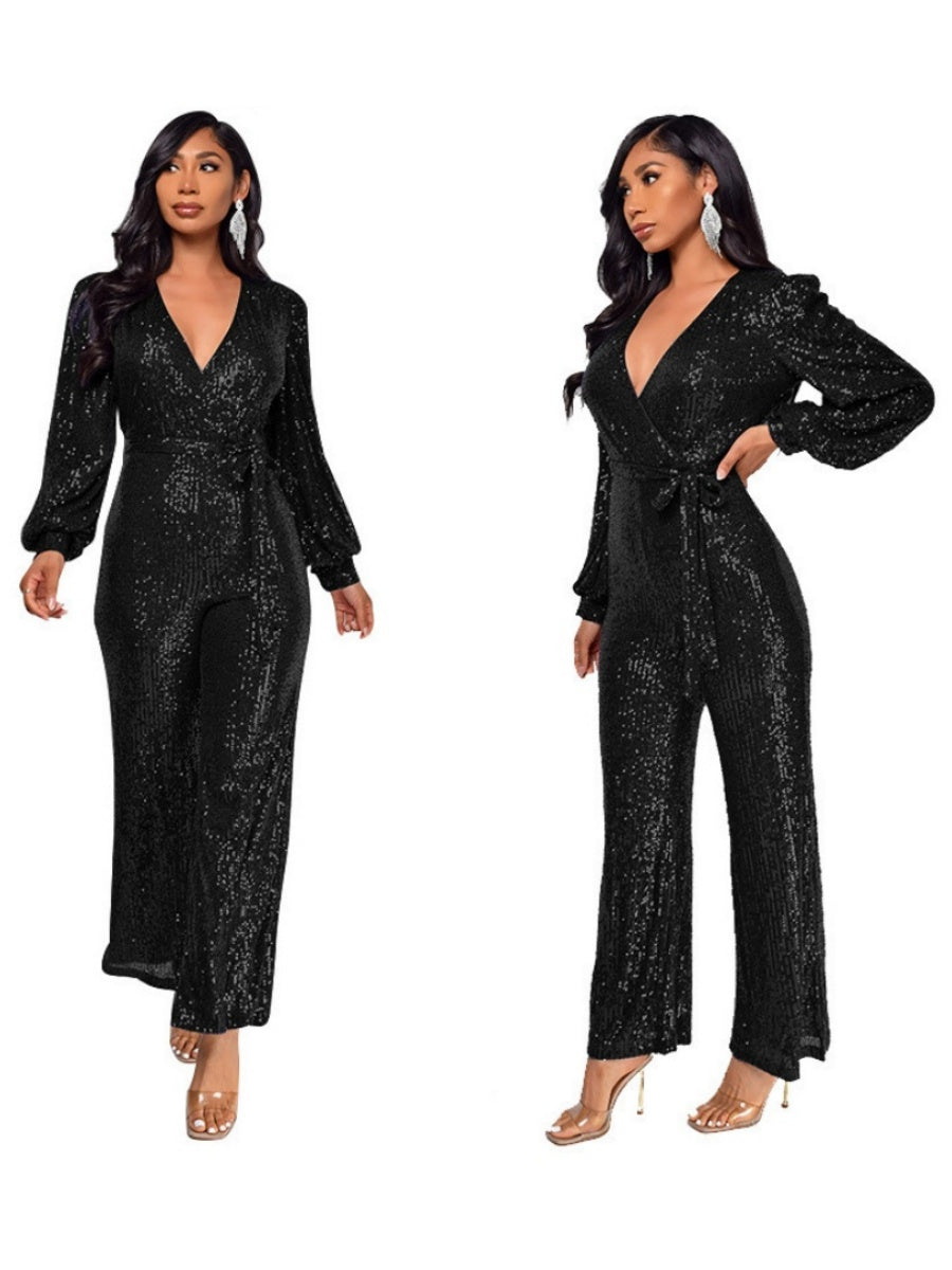 Deep V Long Sleeve Belt Sequins Jumpsuit
