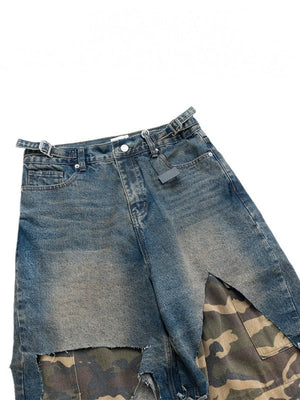 Retro Tattered Washing Camouflage Splicing Loose Work Jeans