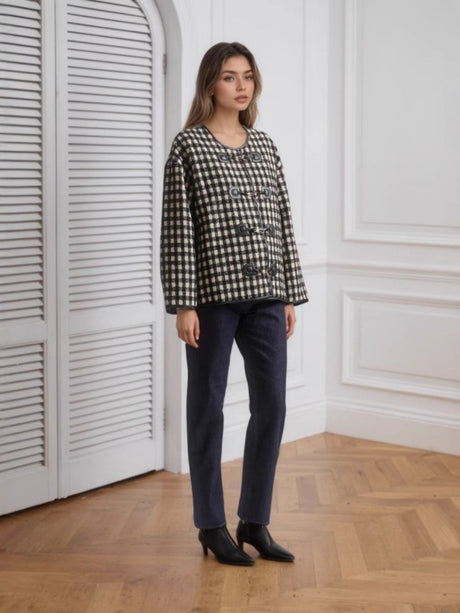 Liber Autumn women's houndstooth stitching round neck coat jacket