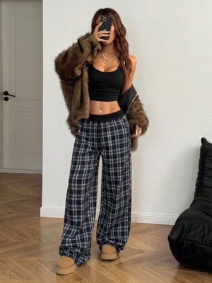 Plaid Drawstring Retro Drape Wide-leg Plaid Pants Elastic Waist Comfortable Straight Trousers