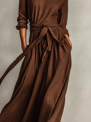 Elegant Brown Woven Long-sleeved Round Neck Long Dress