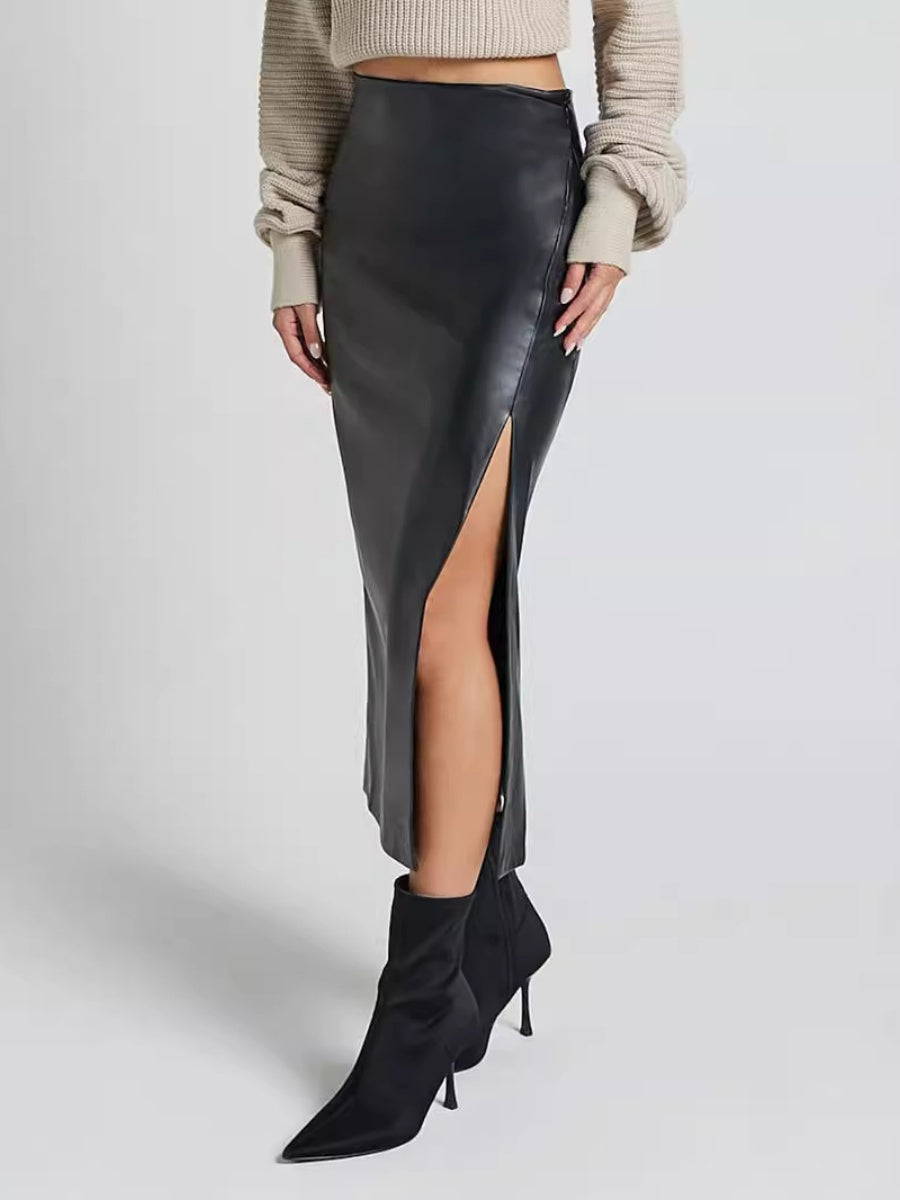 Slit High Waist Zipper Slim Fit Hip Leather Skirts
