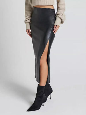 Slit High Waist Zipper Slim Fit Hip Leather Skirts