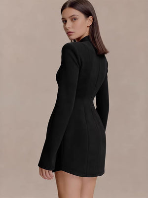 Metal Buckle Waist-cinching, Slimming, Hip-hugging Long-sleeved Short Dress