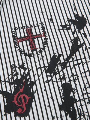 Fake Two Pieces Vertical Stripe Dark Graffiti Ink Prints Paneled Long-sleeved Shirt