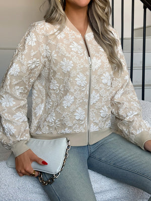 Baseball Uniform Floral Textured Fabric Zipper Daily Workplace Jacket