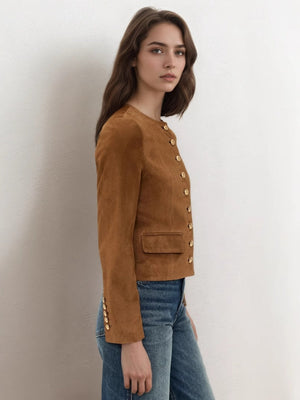 Liber Autumn women's suede metal embellishment round neck jacket